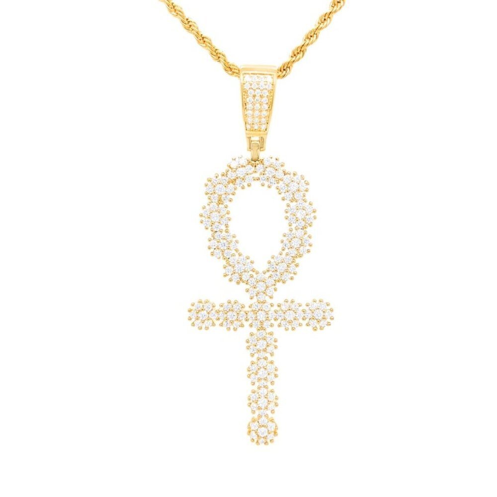 14k Yellow Gold Diamond Ankh Pendant & Rope Chain